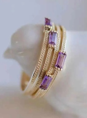 紫米粒古法鎏金镶嵌紫水晶戒指时