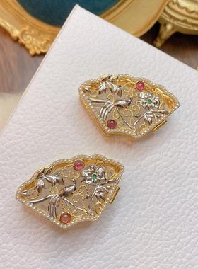 扇形白玉镂空设计吊坠嵌双色工艺宫廷小鸟镀金可打开香囊项链吊坠