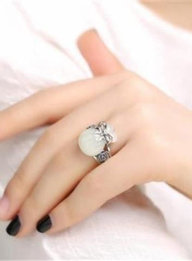 新款和田玉S925纯银戒指开口钱袋