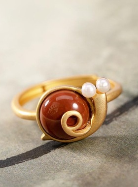 古法金包银南红可爱小蜗牛珍珠中国简约风百搭气质开口戒指女士款