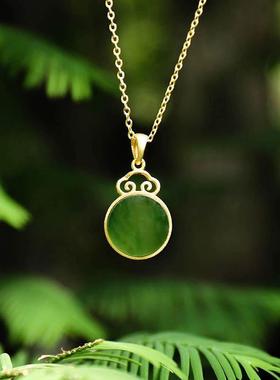 合金镀金锁骨项链镶嵌圆形碧玉吊坠古典简约民族风百搭颈饰品项坠