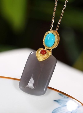 石头平安无事牌镶嵌银百搭气质吊