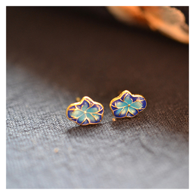 925纯银鎏金荷叶珐琅景泰蓝耳钉