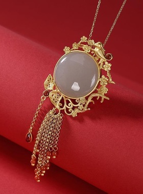 女款古风流苏圆牌烟紫玉吊坠镀金锁骨项链民族风项坠挂坠颈饰品礼