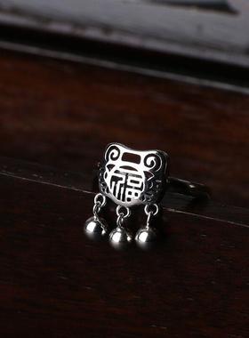 镀银饰品女款指环做旧古朴民族风福字吉祥小锁开口戒指高级感礼物