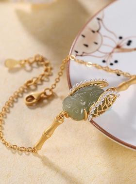 女款竹节碧玉珍珠轻奢镀金金手链
