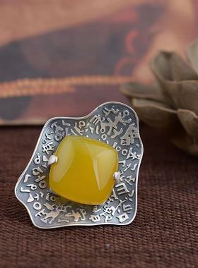 新款复古风时尚个性设计雕琢黄玉髓精致夸张指环戒指开口女士款