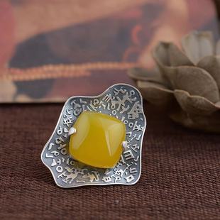 新款复古风时尚个性设计雕琢黄玉髓精致夸张指环戒指开口女士款