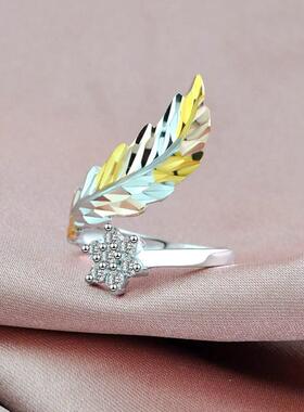 礼送镀银活口戒指女彩花气质时尚食指环民族风百搭女款羽毛形戒指