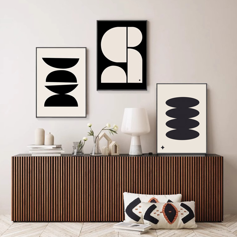 客厅极简黑白灰装饰画抽象棋盘格