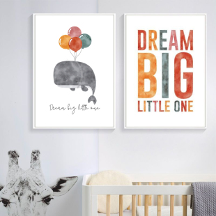 治愈系ins儿童房间装 饰画卡通鲸鱼大象墙壁画小清新卧室床头挂画