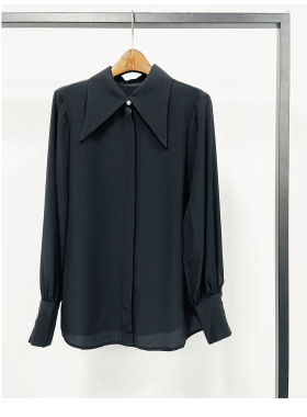 新品 女士 16姆米真丝双绉衬衫 黑色 珍珠领扣 蚕丝 OL简约风