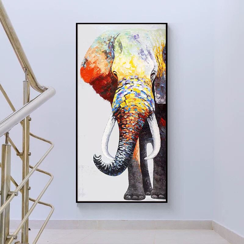大象手绘油画现代简约吉祥动物装饰画玄关过道入户走廊欧式轻奢画图片