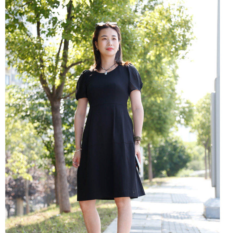 可路莎专柜正品252554泡泡袖收腰百搭款中长款连衣裙时尚经典圆领