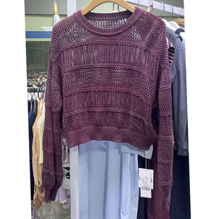 衫 圆领长袖 棉针织上衣 韩版 可路莎251017双色镂空毛衫
