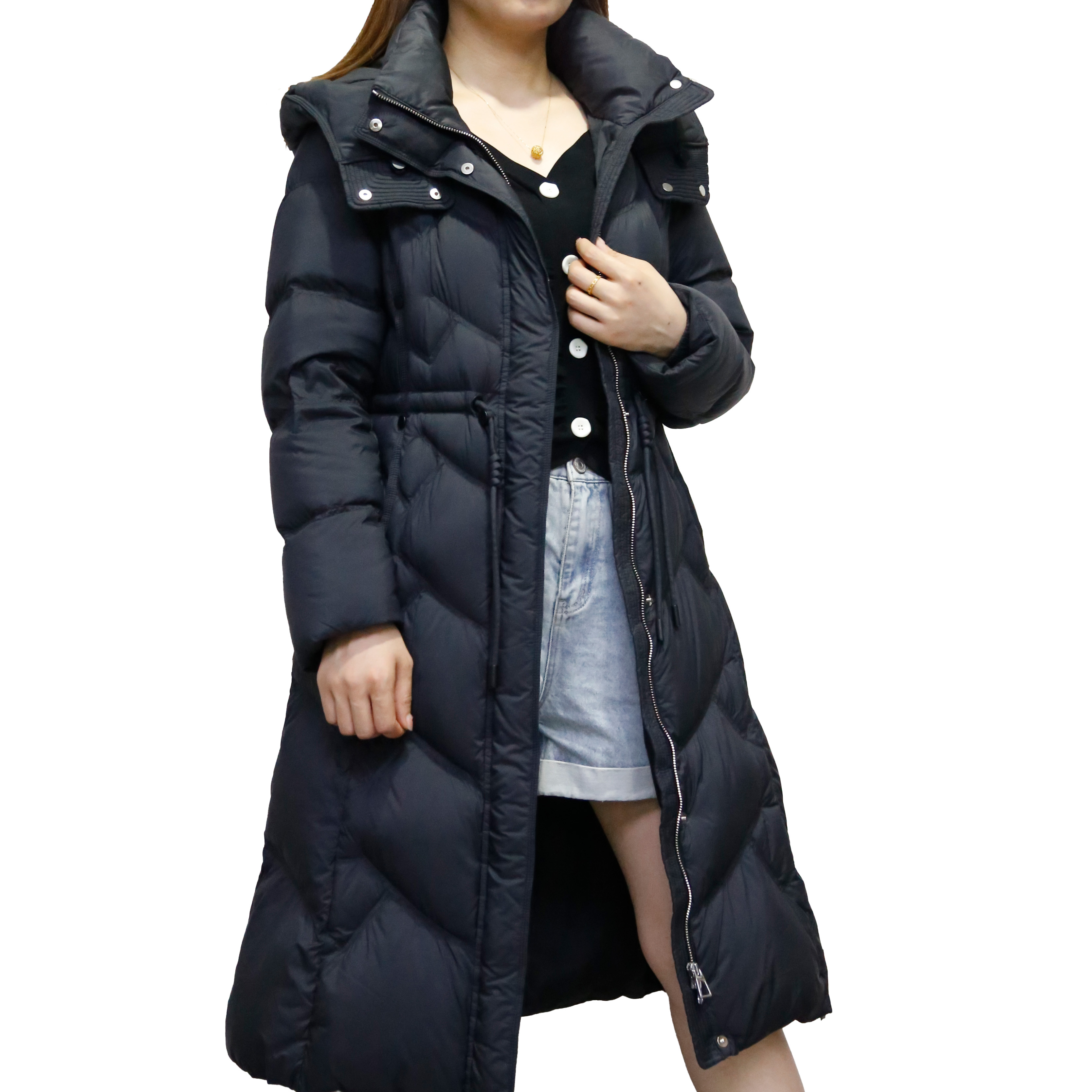 可路莎247832锦纶羽绒服 冬季新品收腰系带长羽绒服 休闲连帽立领