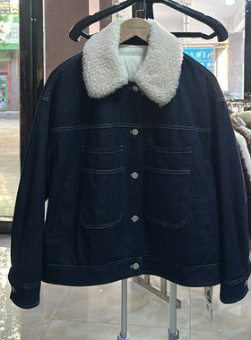 可路莎复古毛领加绒牛仔短羽绒服