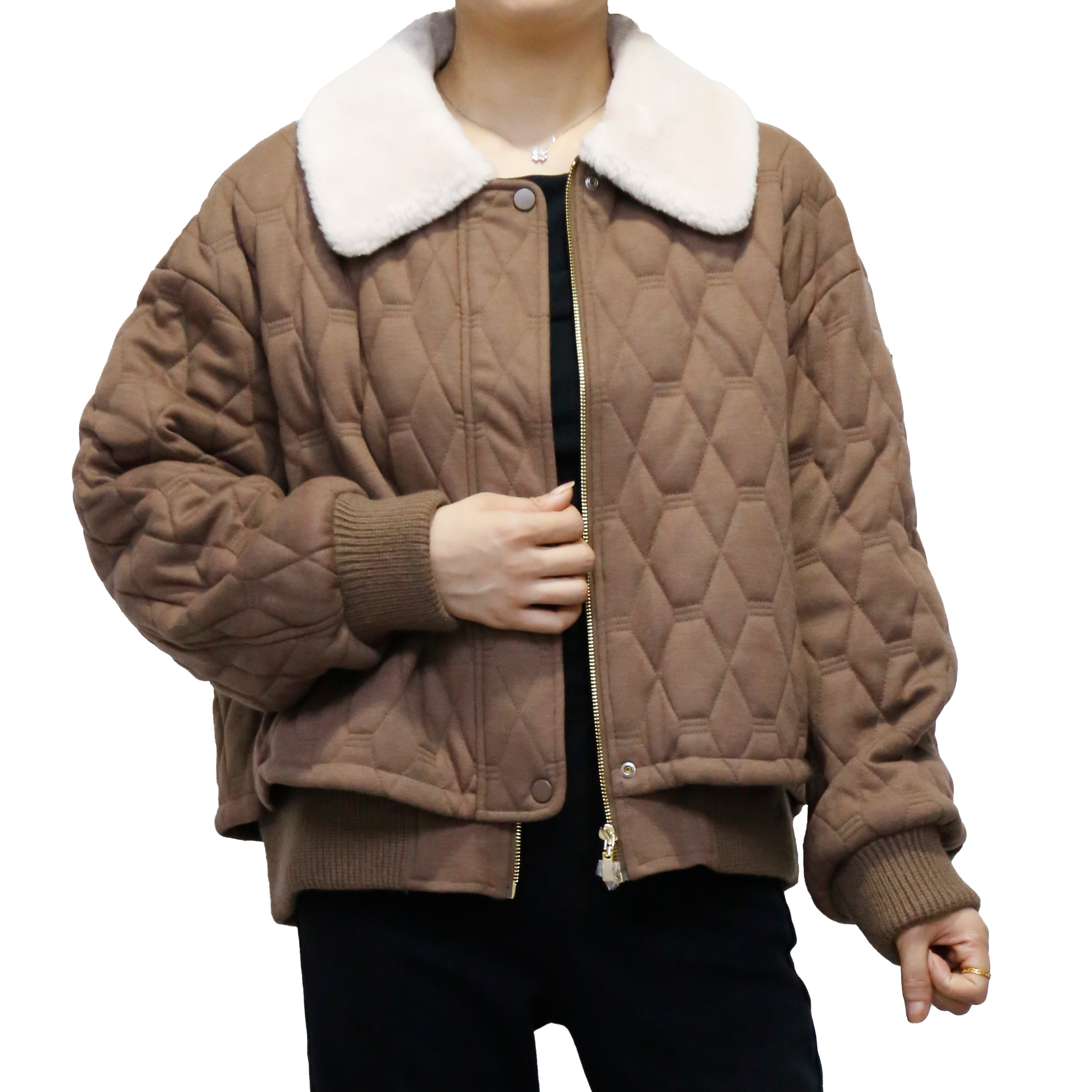 可路莎244695款棉外套 冬季新品 绵羊毛拼毛领棉服 修身短外套女