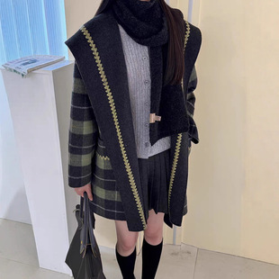 【Miss陸】两面穿绿格子高端双面羊绒大衣女短款宽松系带毛呢外套