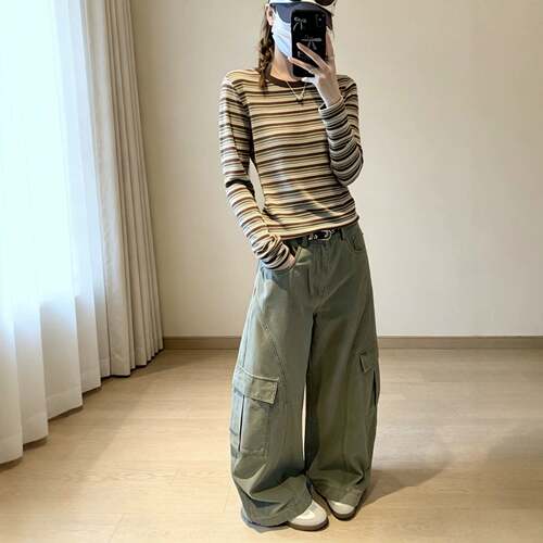 美式复古多口袋弯刀牛仔工装裤女秋季新款休闲高腰宽松纯色阔腿裤