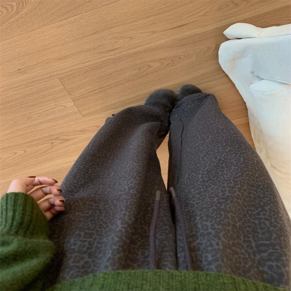 【Miss陸】秋韩系高腰豹纹印花脚口抽绳哈伦直筒休闲裤子女士卫裤