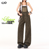 复古豹纹宽松显瘦垂感拖直筒连体裤 美式 女2026春季 阔腿牛仔背带裤