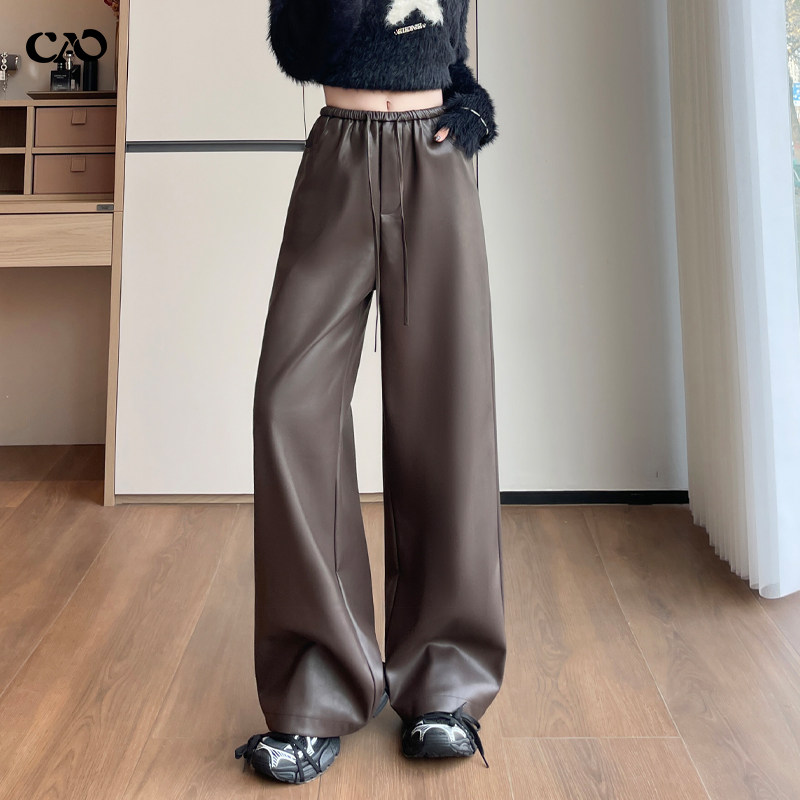 加绒皮裤女秋冬新款咖色加厚防雨雪复古高腰宽松垂感直筒阔腿裤子,女装/女士精品,休闲裤,淘宝优惠券,粉丝福利购,淘宝优惠卷