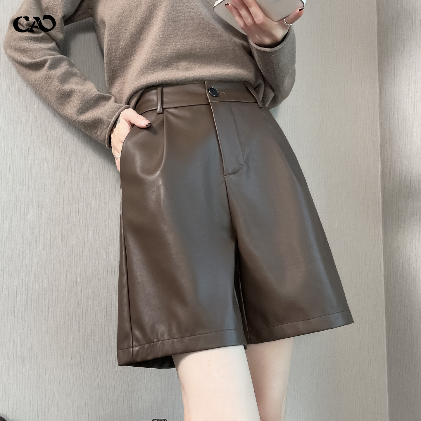 皮裤女五分秋冬新款咖色松紧高腰