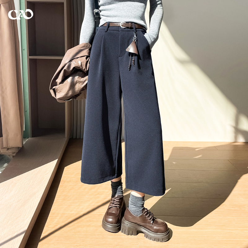 八分毛呢阔腿裤女藏蓝色秋冬新款