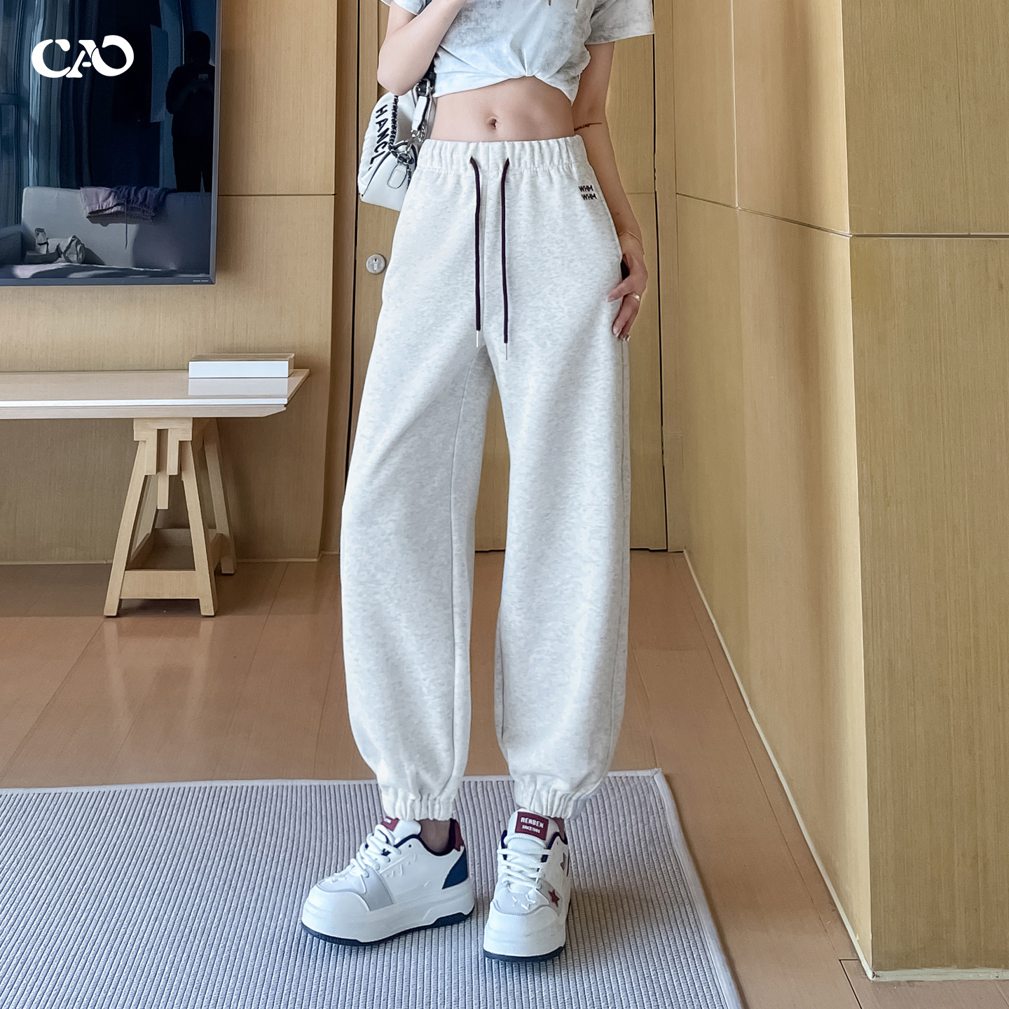 运动裤女春秋款白灰色高腰抽绳