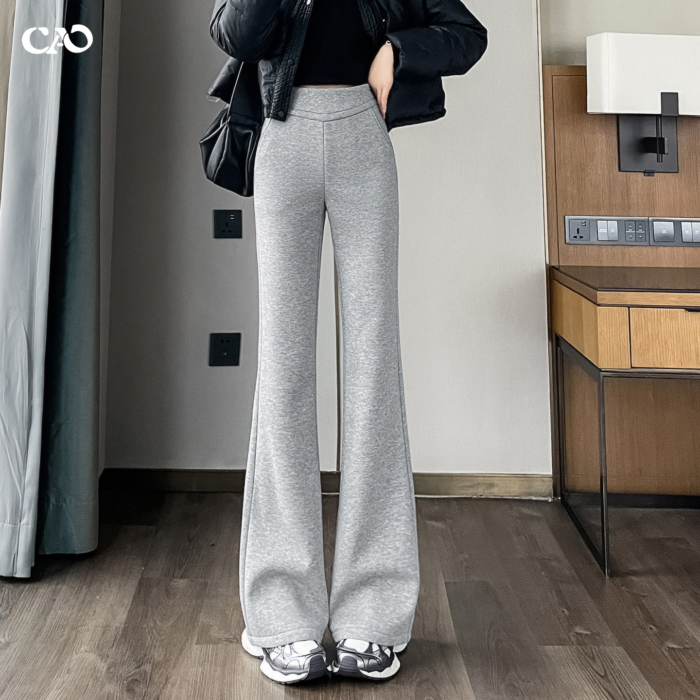 微喇裤女灰色秋冬新款加绒加厚