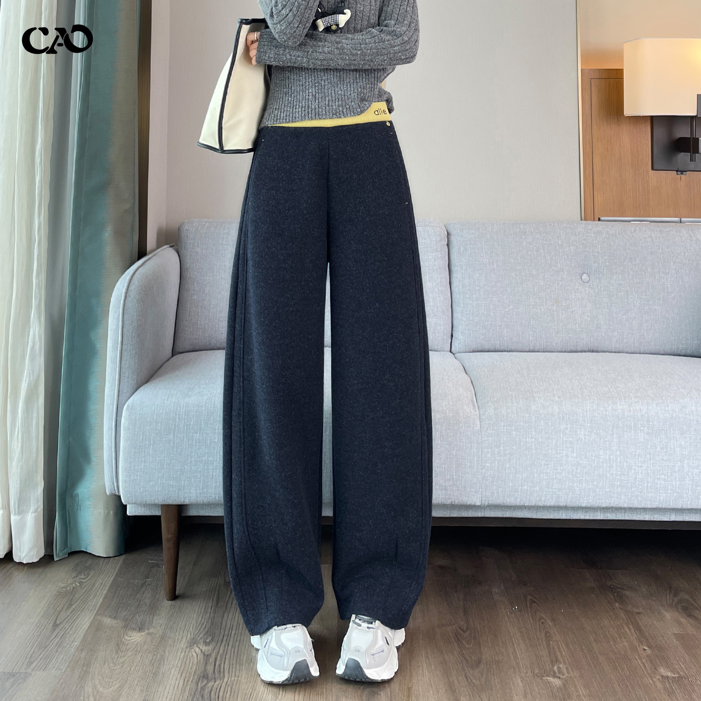 毛呢弯刀裤女秋冬新款高腰香蕉裤