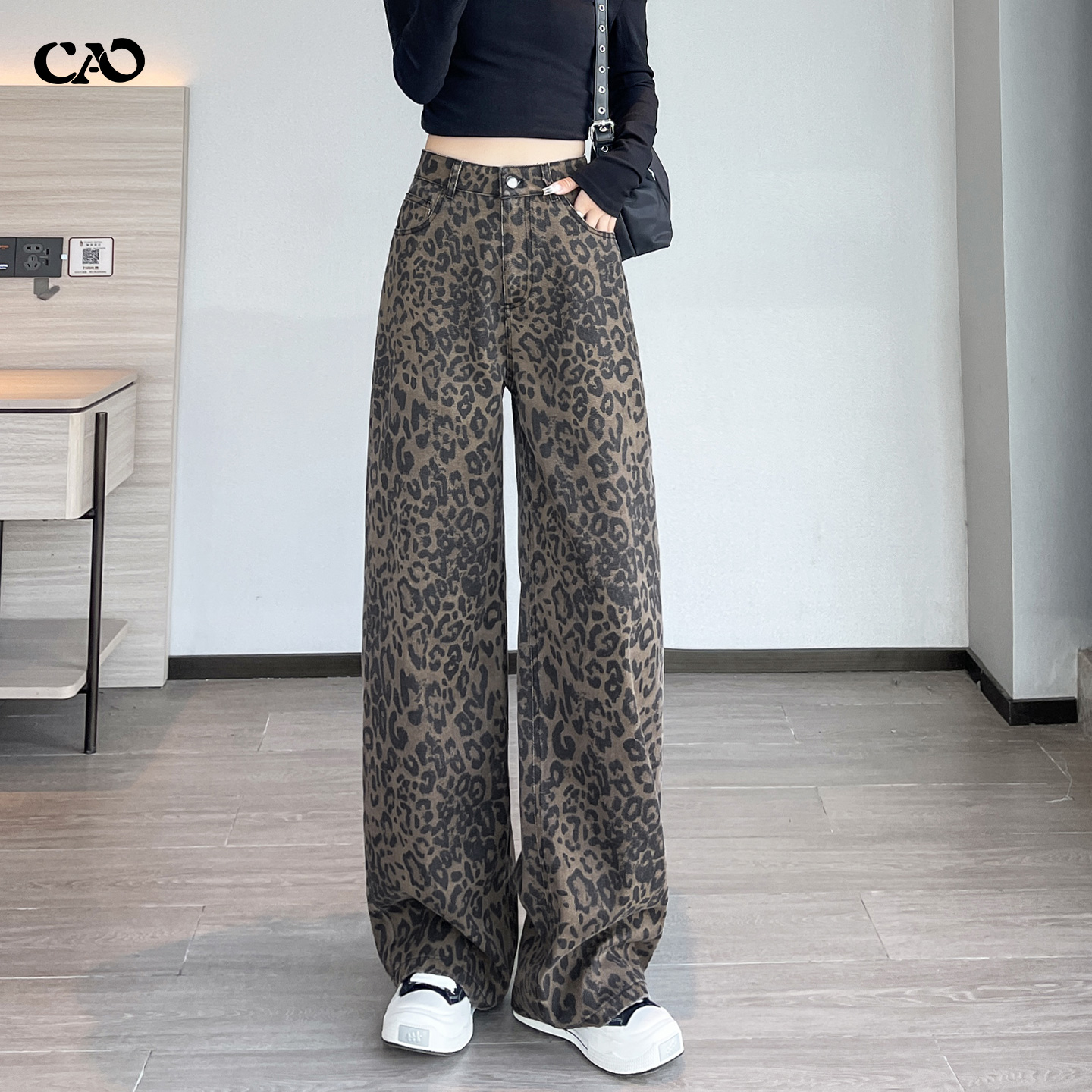 豹纹牛仔裤女春秋新款复古水洗