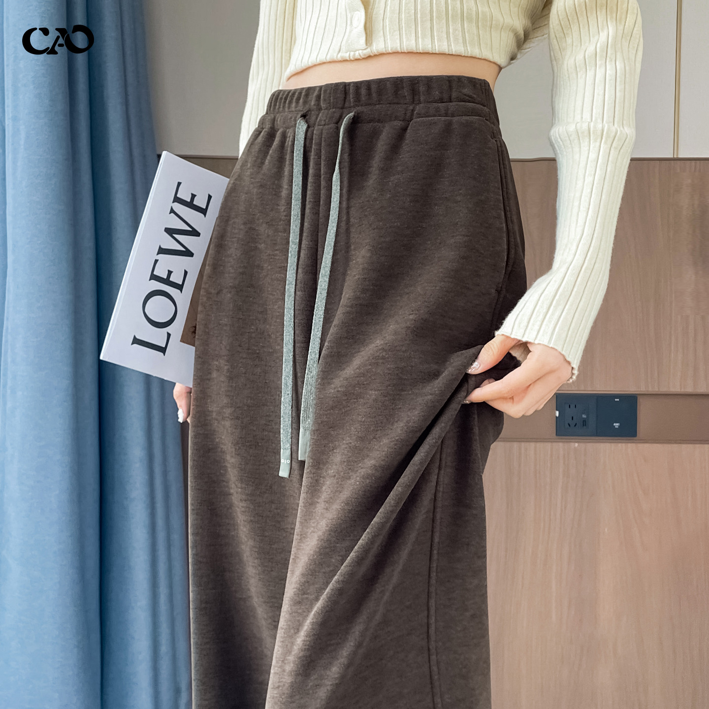 印花阔腿裤女春秋款咖啡色高腰