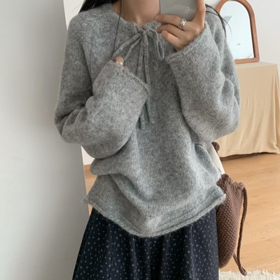 秋冬新款2025针织衫抽绳系带圆领内搭上衣女宽松套头短款毛衣外穿