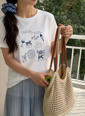 新款夏季2026卡通字母印花T恤宽松圆领上衣清新甜美女装白色短袖