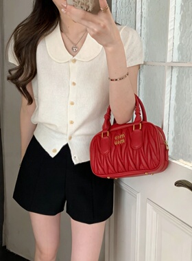 新款夏季2026针织短袖纽扣宽松短款娃娃领开衫甜美女装T恤上衣