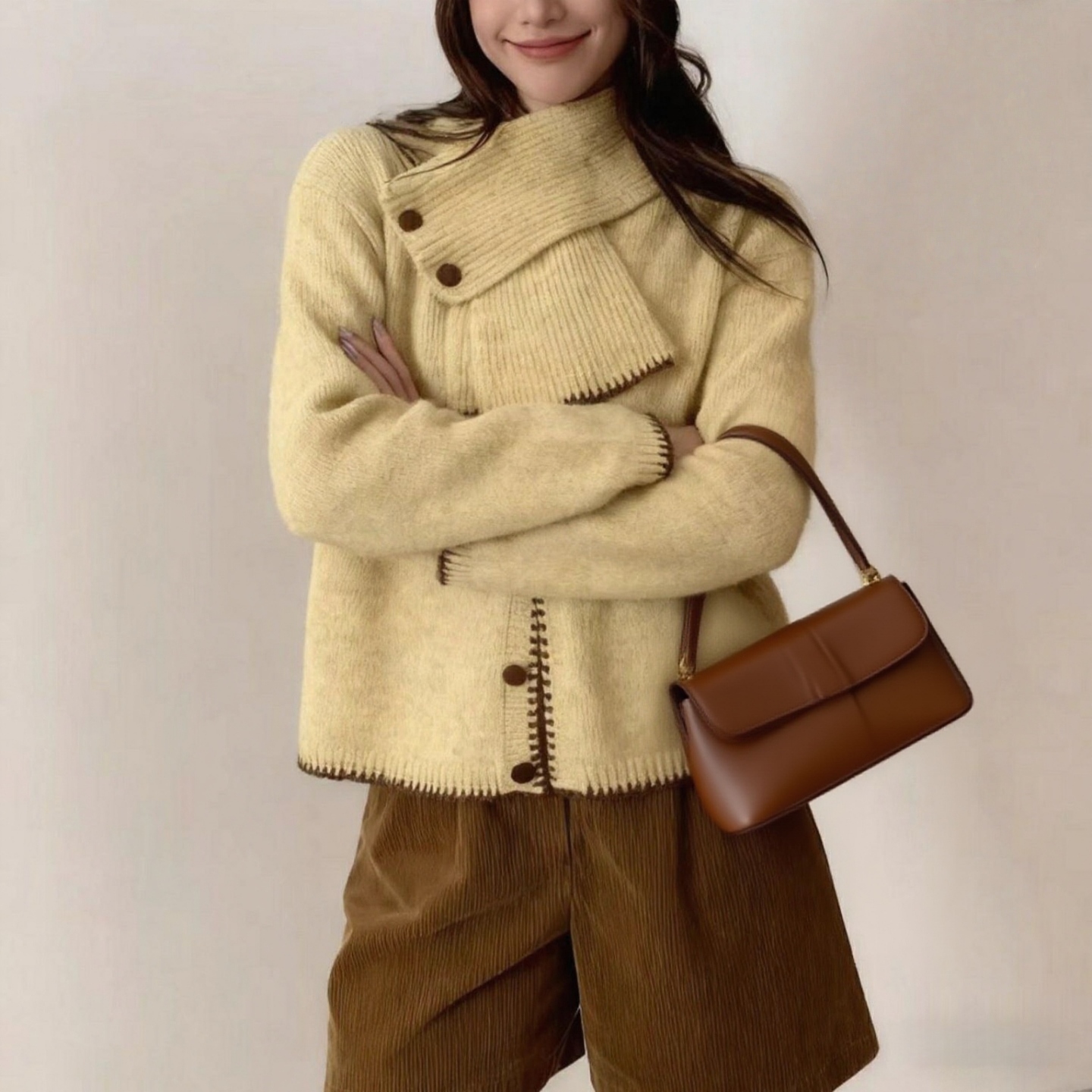 2025秋冬新款纯色针织开衫带围脖韩系撞色外搭上衣女套装毛衣外套