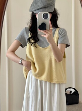 春季新款纯色宽松针织马甲外穿2026短款女装韩系无袖背心吊带外搭