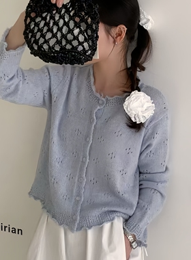 春秋新款圆领纯色花边宽松针织开衫2026薄款镂空上衣女装韩系外搭