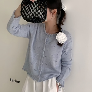 春秋新款 2026薄款 镂空上衣女装 韩系外搭 圆领纯色花边宽松针织开衫