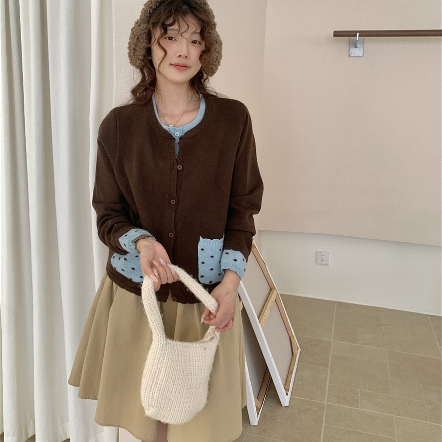 新款拼接假两件波点针织开衫2025秋冬韩系宽松上衣叠穿女毛衣小众