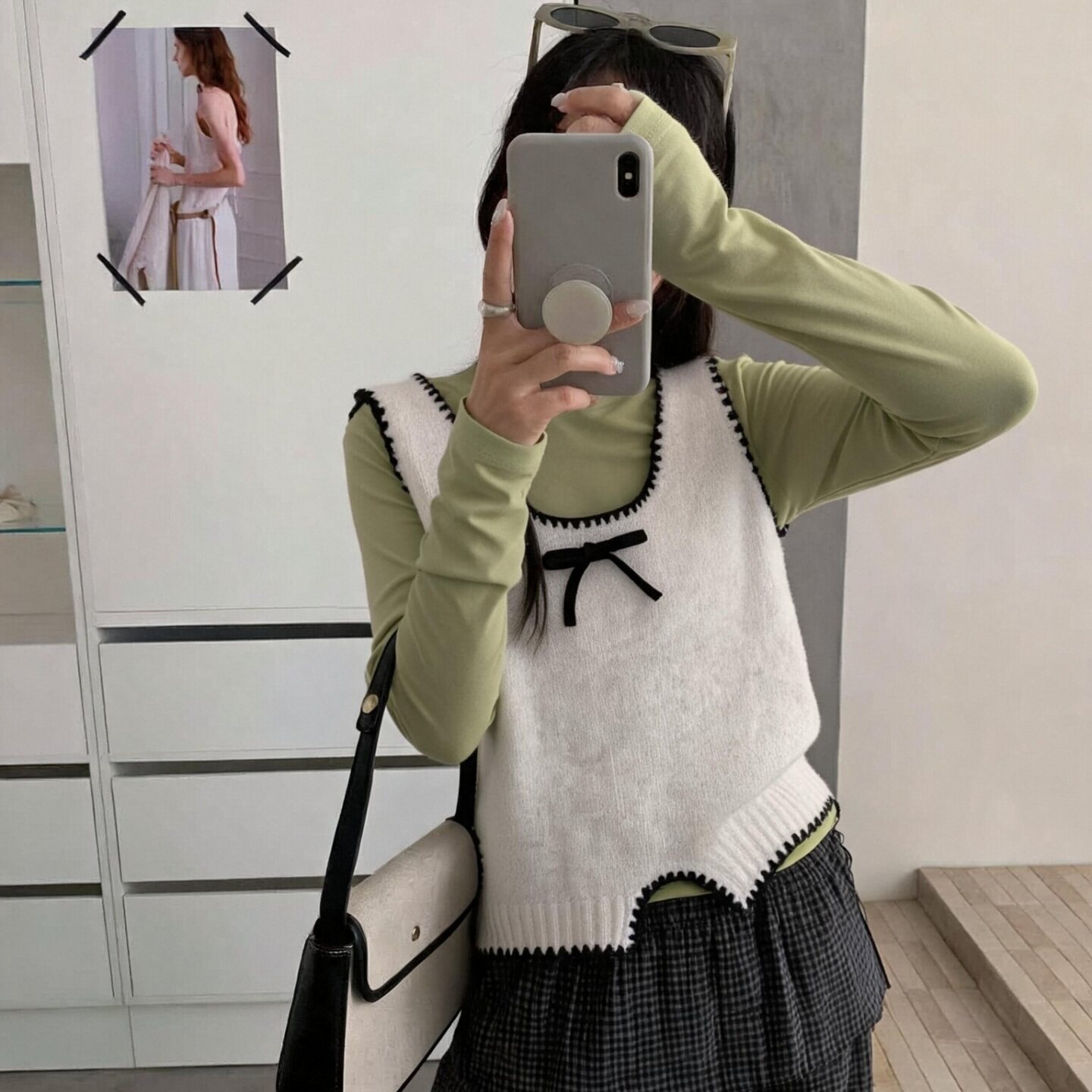 2026秋冬新款U领针织衫短款蝴蝶结叠穿毛衣马甲韩系甜美女装上衣