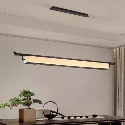 新中式茶室吊灯复古中国风餐厅新款长条餐桌灯天然云石全铜吧台灯