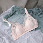 超薄三角杯无钢圈内衣女夏季 法式 调整收副乳文胸套装 大胸显小