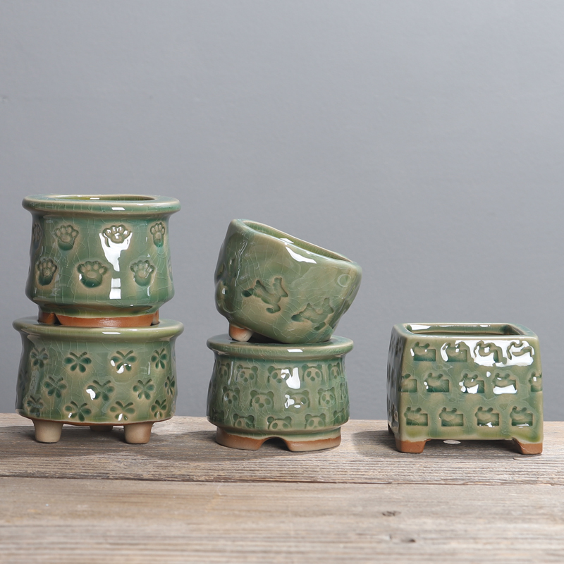 冰裂开片印章多肉小花盆卡通动物