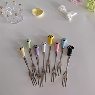 创意食品级不锈钢水果叉子可爱彩色陶瓷小猫爪手柄甜品叉蛋糕点心