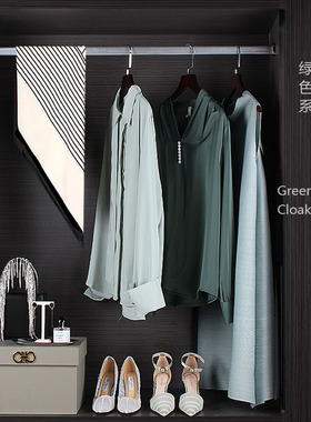 绿色系样板房间衣帽间主卧室衣柜软装饰品衣服鞋子包陈列套装摆件