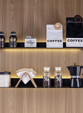 样板间咖啡主题摆件设计师厨房软装饰品吧台展示台层架咖啡罐组合