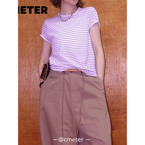 CMETER【简单有细节】棉麻条纹短袖T恤